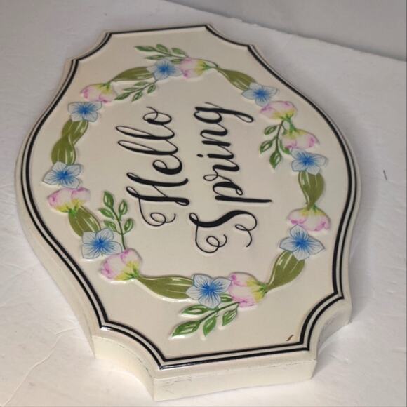 Hello Spring Enamel Metal Wall Sign Easter Decor Pink and Blue Flowers - Picture 10 of 12